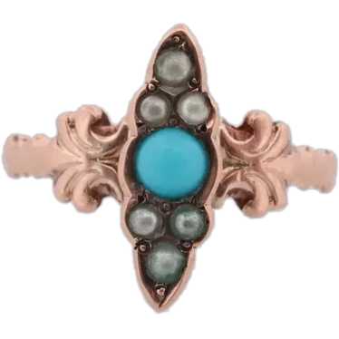 Victorian 10k Turquoise Cabochon and Pearl Seed Ri
