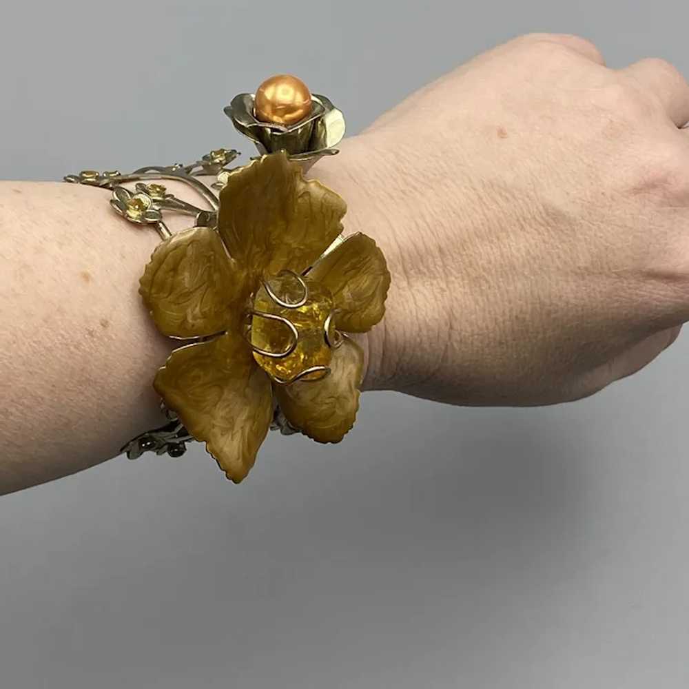 Unique Large Statement Bracelet Enamel Flower Fil… - image 7