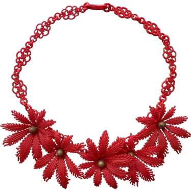 1940s to 1950s Red Plastic Flowers Lacy Chain Nec… - image 1