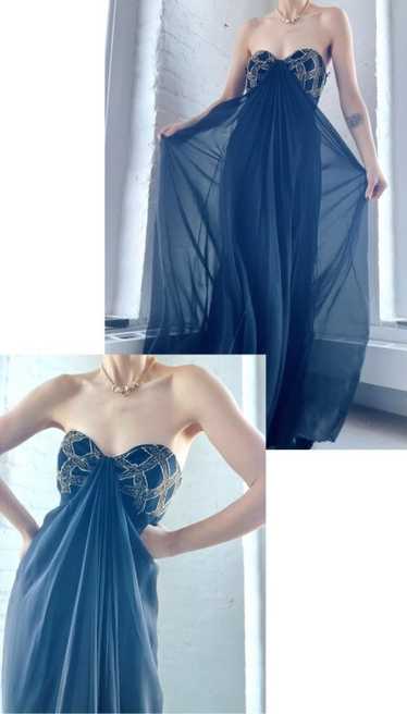 Travilla 70s silk chiffon draped strapless dress