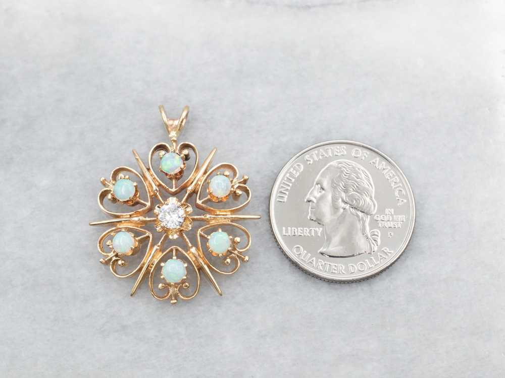 Yellow Gold European Cut Diamond and Opal Pendant - image 3