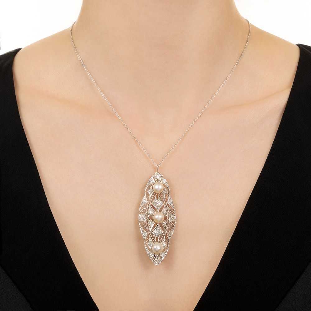 Edwardian Diamond and Natural Pearl Filigree Pend… - image 5
