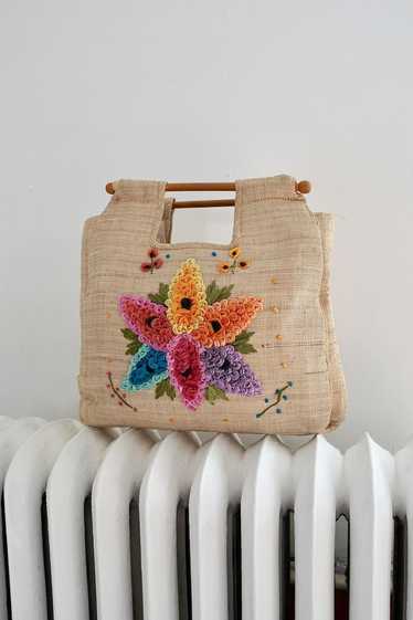 Handmade 60's Straw Floral Tote
