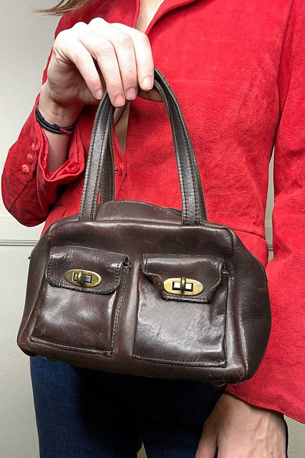 1960s Brown Leather Mod Mini Handbag Selected by … - image 1