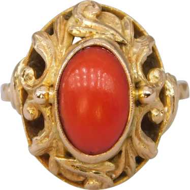 Vintage 18K Yellow Gold Red Coral Ring 750 Italian