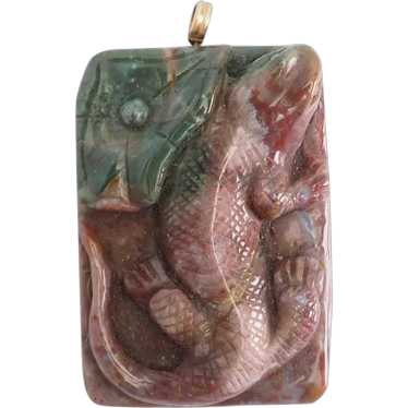 Vintage hand jasper lizard reptile pendant with 1… - image 1