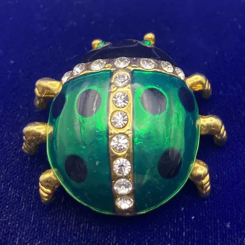 Enamel and Rhinestone Ladybug Pin Brooch, Green B… - image 3