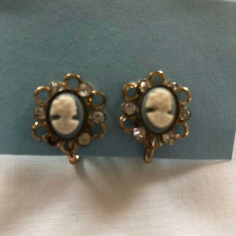 Vintage Cameo Earrings Blue background - image 2