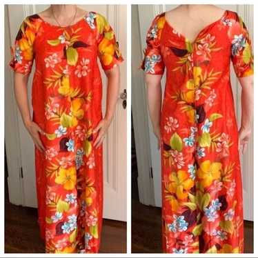 Vtg Sears Hawaiian orange floral maxi dress