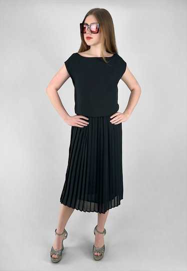 80's Vintage Sleeveless Black Pleated Ladies Midi… - image 1