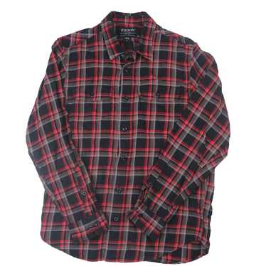 Filson men’s Medium red, black & grey plaid cotton flannel button hot up shirt. EUC