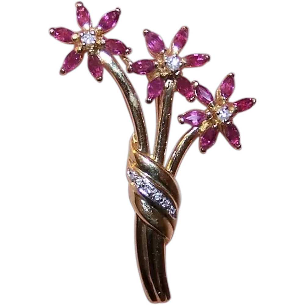 14K Gold Diamond Ruby Flower Pin Brooch - Mothers… - image 1