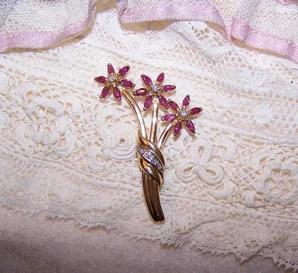 14K Gold Diamond Ruby Flower Pin Brooch - Mothers… - image 2