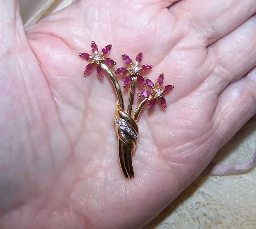 14K Gold Diamond Ruby Flower Pin Brooch - Mothers… - image 3