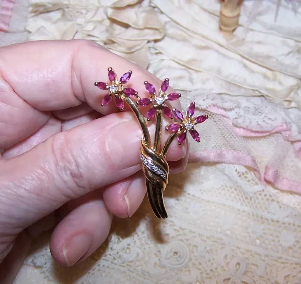 14K Gold Diamond Ruby Flower Pin Brooch - Mothers… - image 4