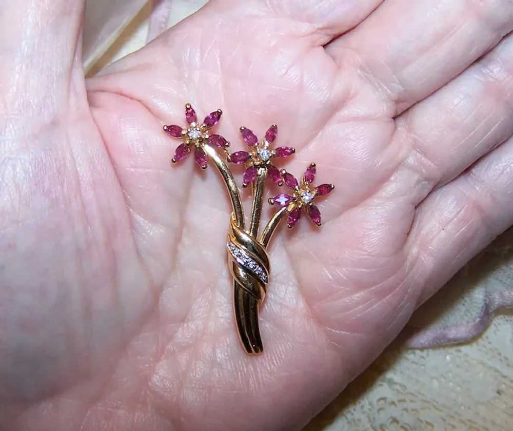 14K Gold Diamond Ruby Flower Pin Brooch - Mothers… - image 5