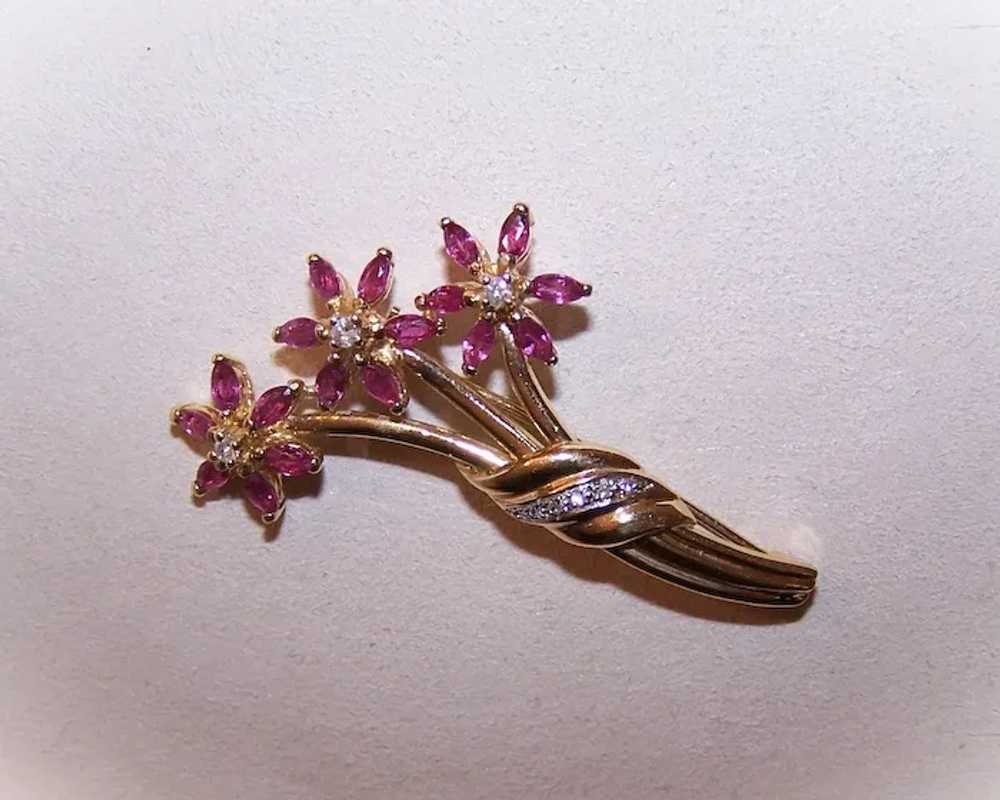 14K Gold Diamond Ruby Flower Pin Brooch - Mothers… - image 6