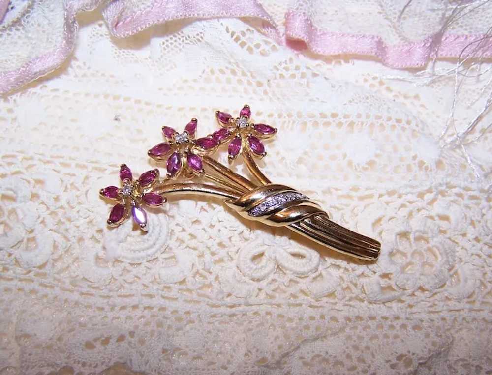 14K Gold Diamond Ruby Flower Pin Brooch - Mothers… - image 7