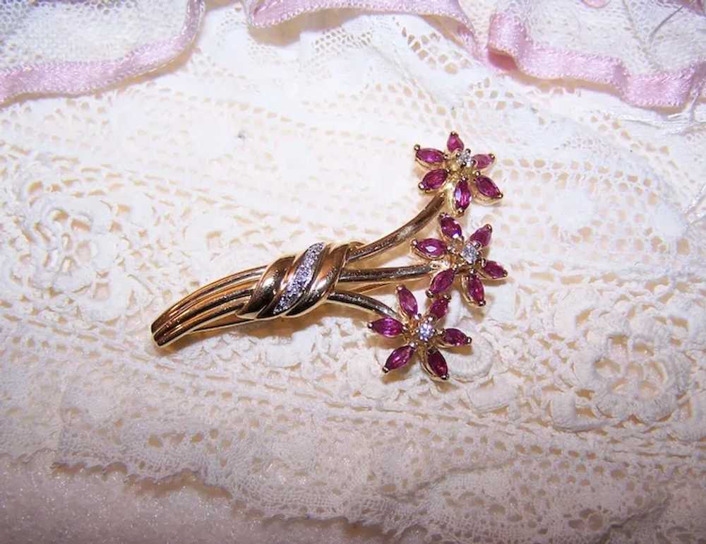 14K Gold Diamond Ruby Flower Pin Brooch - Mothers… - image 8
