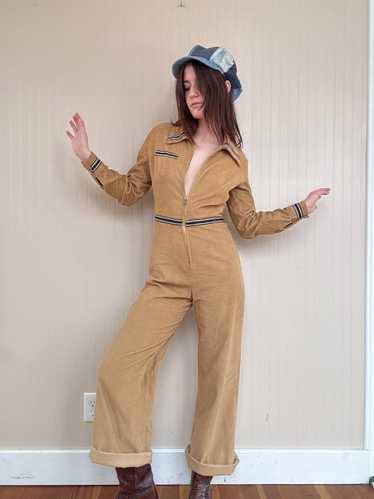 70s Khaki Brown Corduroy Long Sleeve Jumpsuit