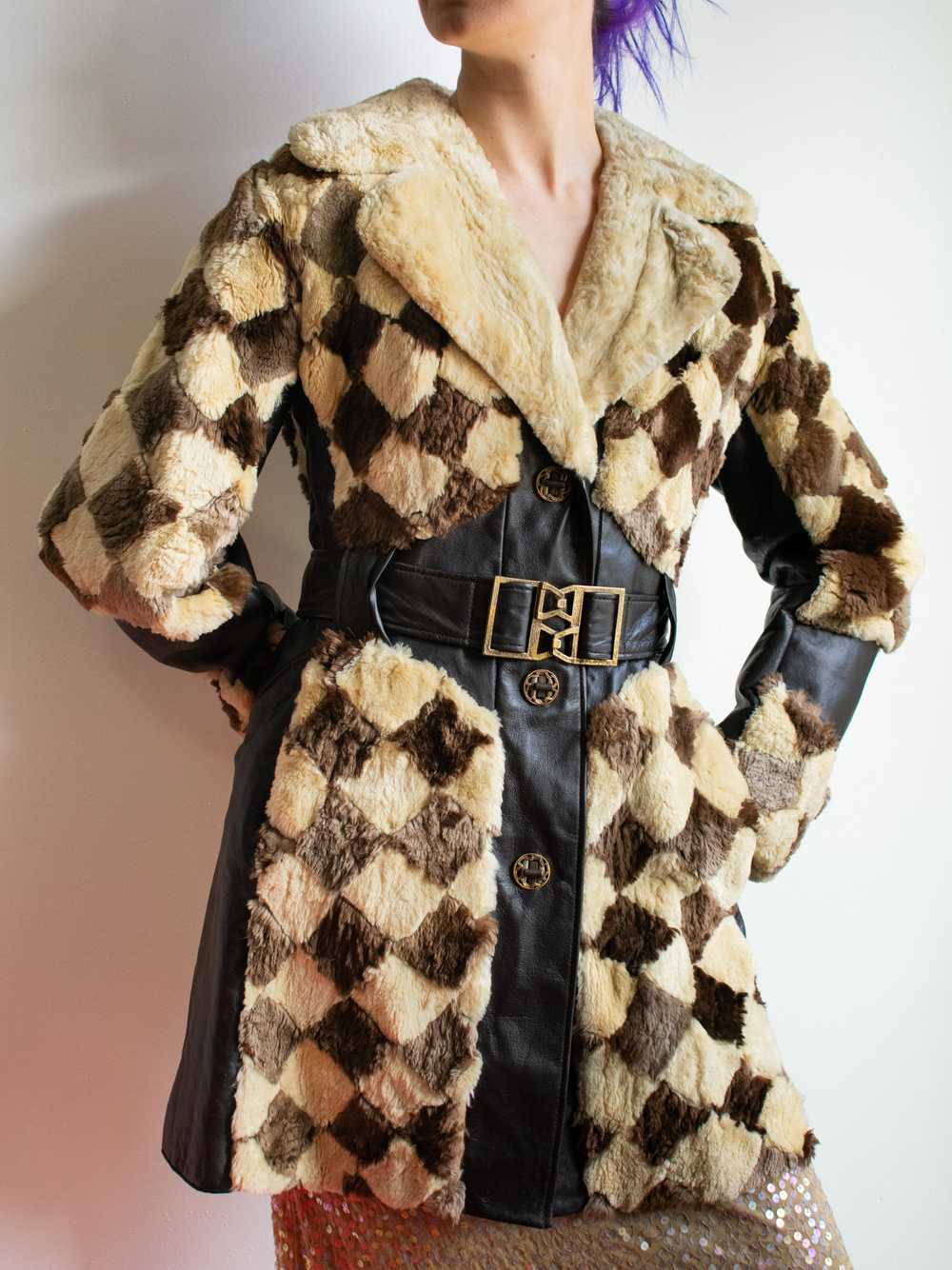70’s Sheared Beaver Cream and Brown Checkered Pat… - image 3