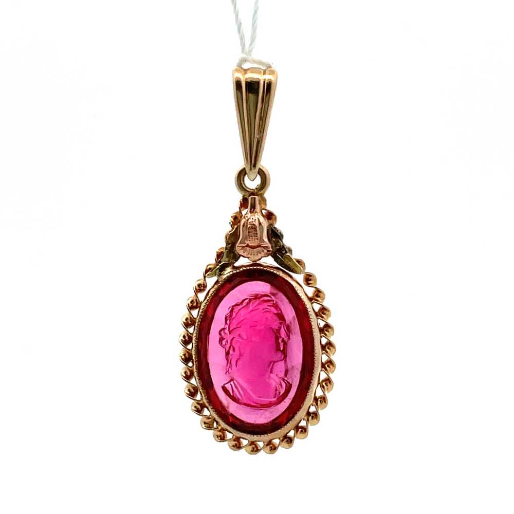 10K Yellow Gold Red Stone Cameo Pendant - image 2