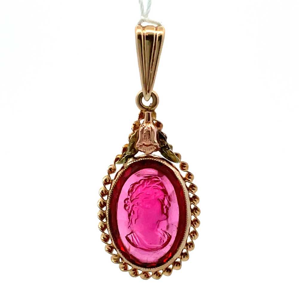 10K Yellow Gold Red Stone Cameo Pendant - image 7
