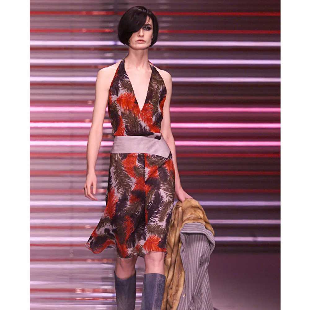 2001 Pink Silk-Blend Feather Print Halter Dress - image 2