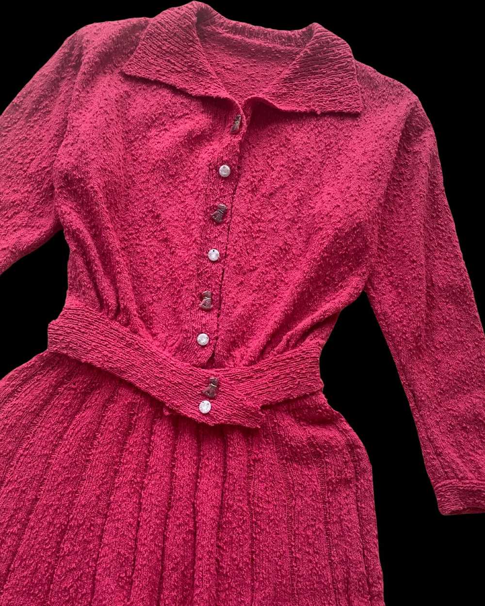 1950s Raspberry Two Piece Bouclé Knit Dress Set W… - image 1