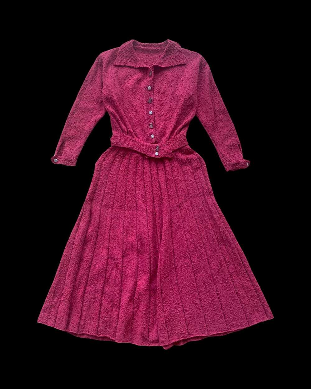 1950s Raspberry Two Piece Bouclé Knit Dress Set W… - image 3