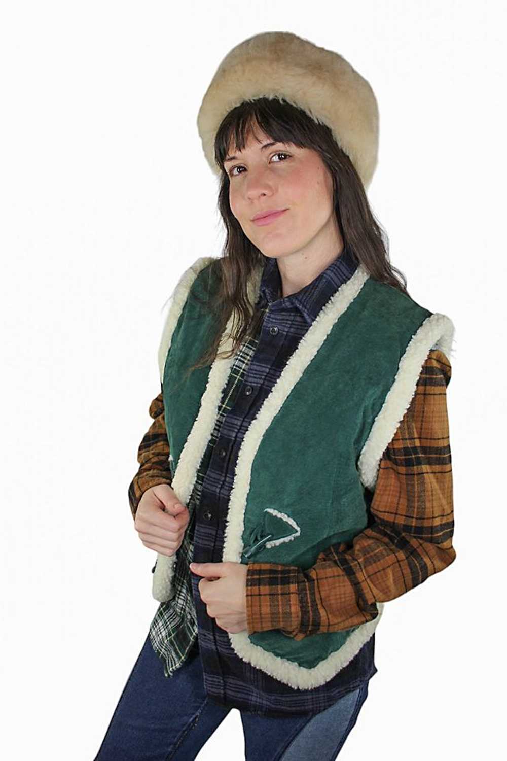 1970s Green Suede Sherpa Vest Selected By Moons +… - image 3
