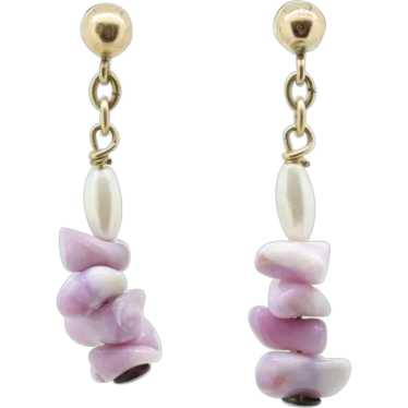 14k Gold dangle drop Shell Earrings. Pearl Purple 