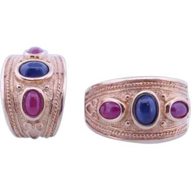 14k Ruby Sapphire Cabochon Byzantine Etruscan Earr