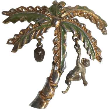 Palm tree swinging monkey coconut pin pot metal - image 1