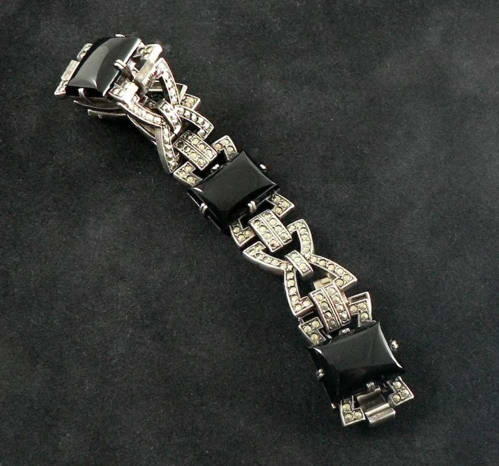 Art Deco Sterling Silver Onyx Marcasite Bracelet - image 10