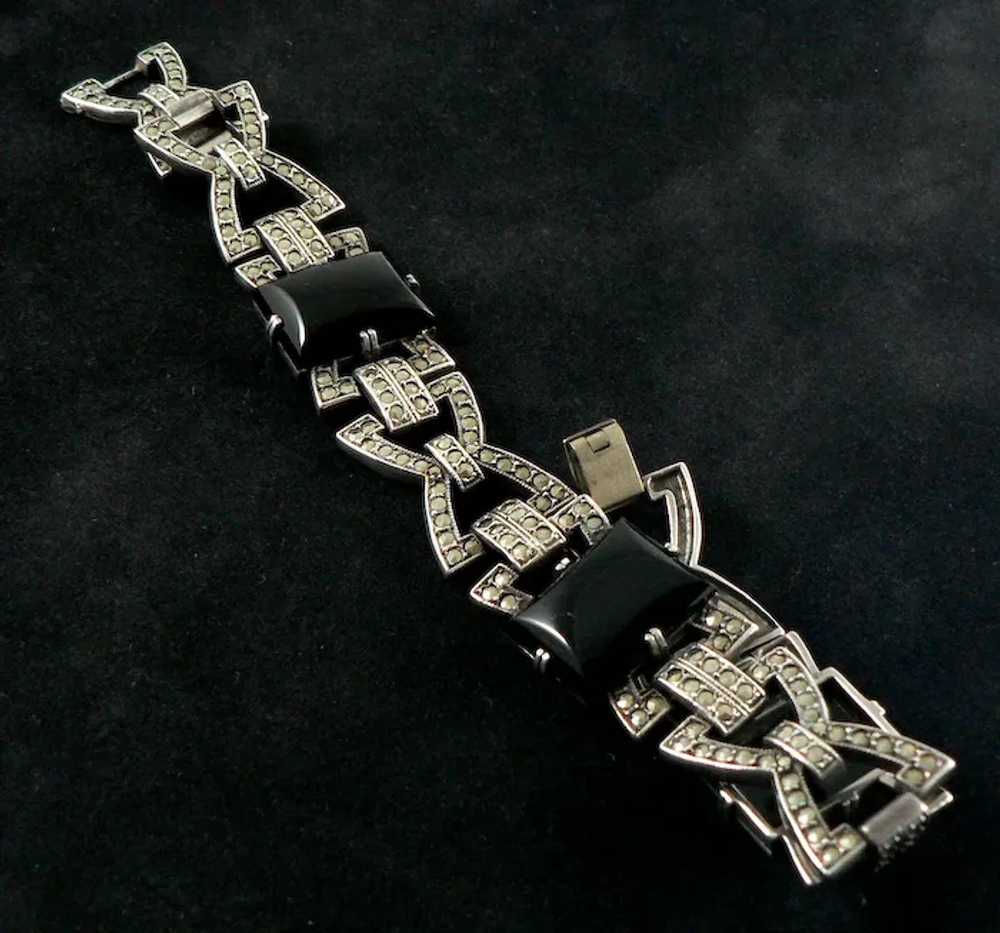 Art Deco Sterling Silver Onyx Marcasite Bracelet - image 11