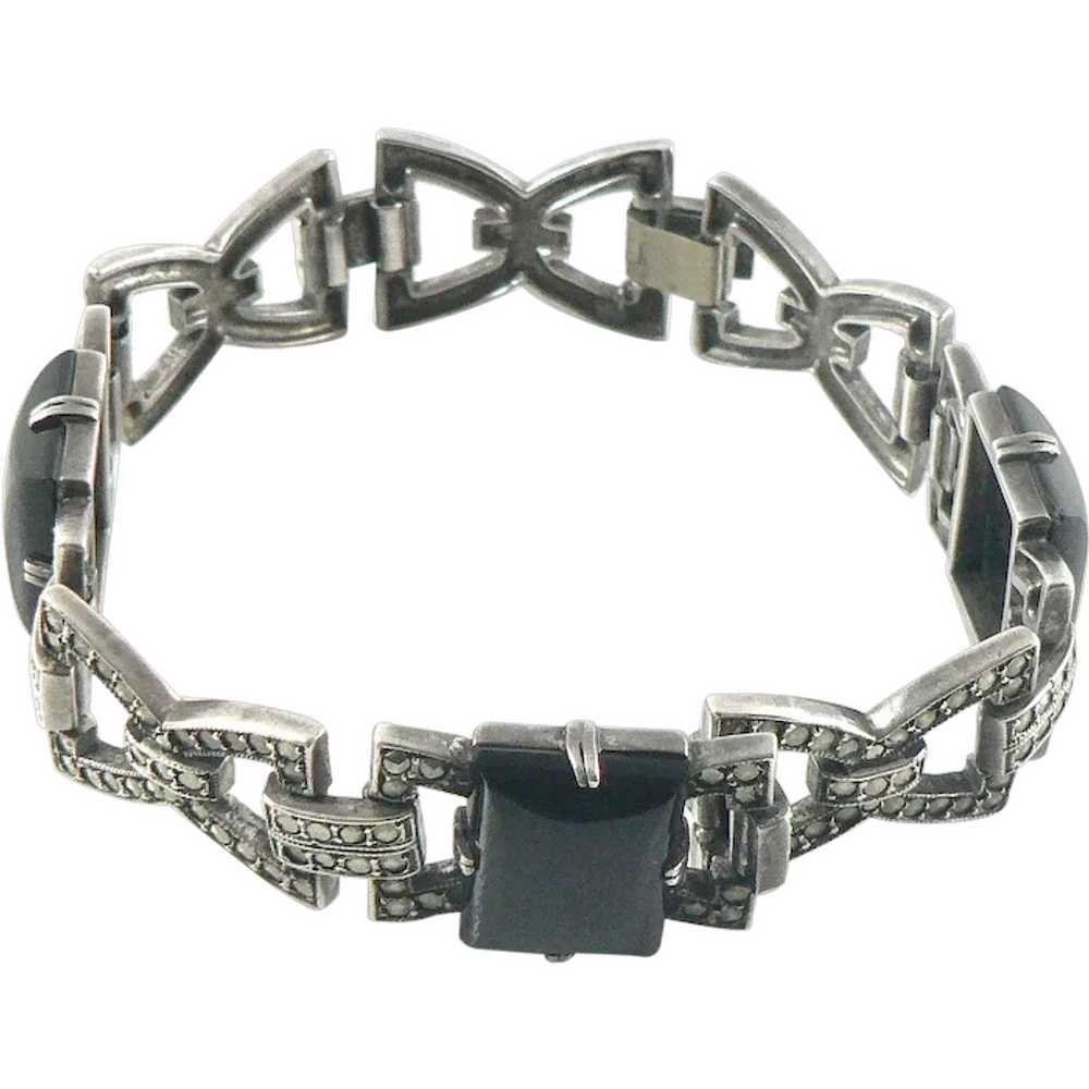 Art Deco Sterling Silver Onyx Marcasite Bracelet - image 1