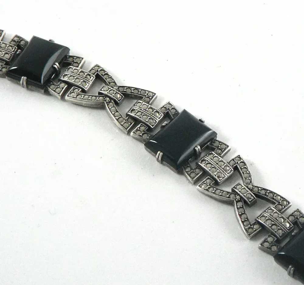 Art Deco Sterling Silver Onyx Marcasite Bracelet - image 3