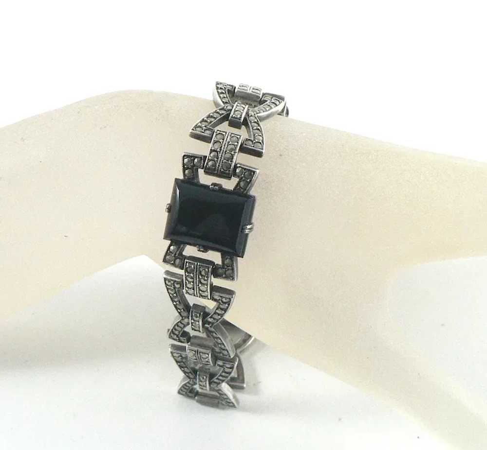 Art Deco Sterling Silver Onyx Marcasite Bracelet - image 7