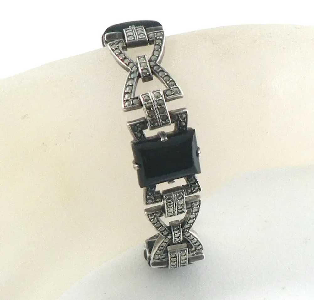 Art Deco Sterling Silver Onyx Marcasite Bracelet - image 8