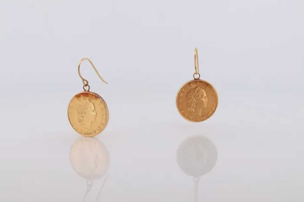 14k Coin Dangle earrings. 14k 50 Lire Italian Rep… - image 3