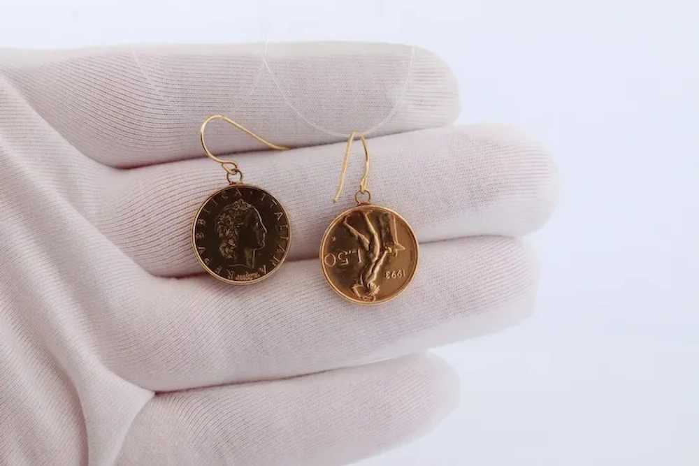 14k Coin Dangle earrings. 14k 50 Lire Italian Rep… - image 7