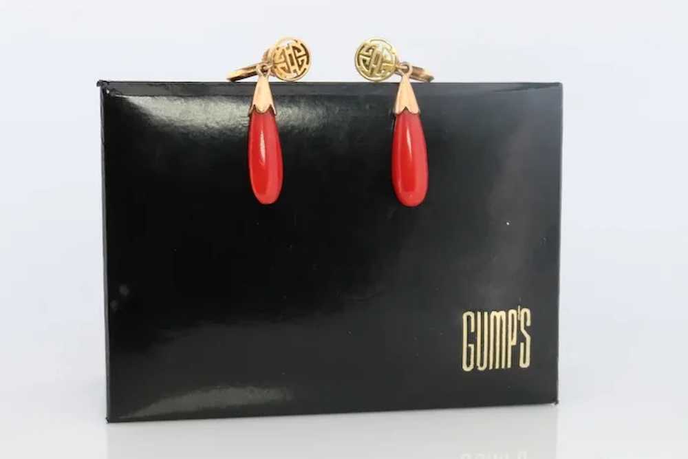 GUMP'S Coral Earrings. 14k Carved Coral Dangle Na… - image 2