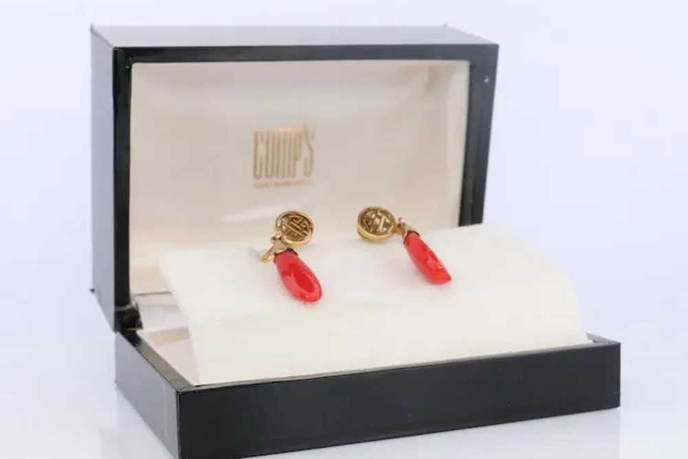 GUMP'S Coral Earrings. 14k Carved Coral Dangle Na… - image 3