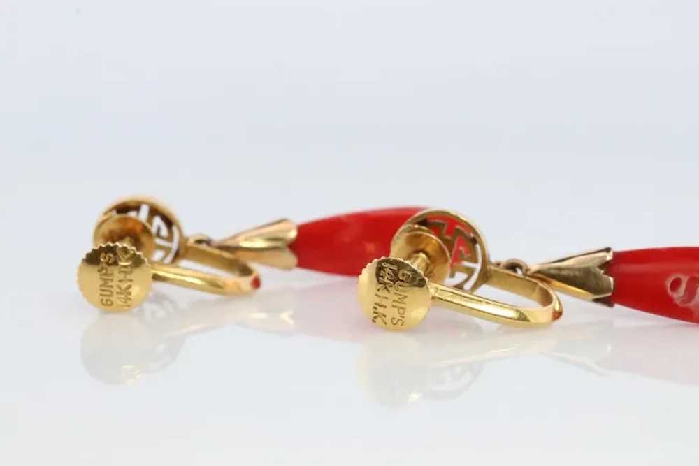 GUMP'S Coral Earrings. 14k Carved Coral Dangle Na… - image 4
