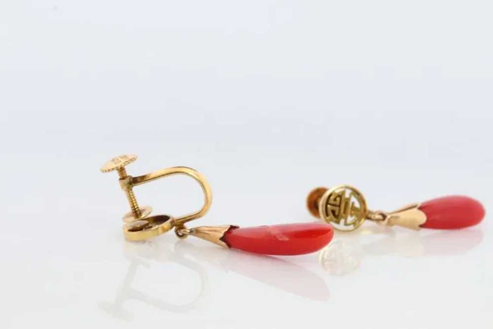 GUMP'S Coral Earrings. 14k Carved Coral Dangle Na… - image 5