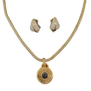 Roman Rhinestone Jewel Gold Tone Earring + Pendan… - image 1
