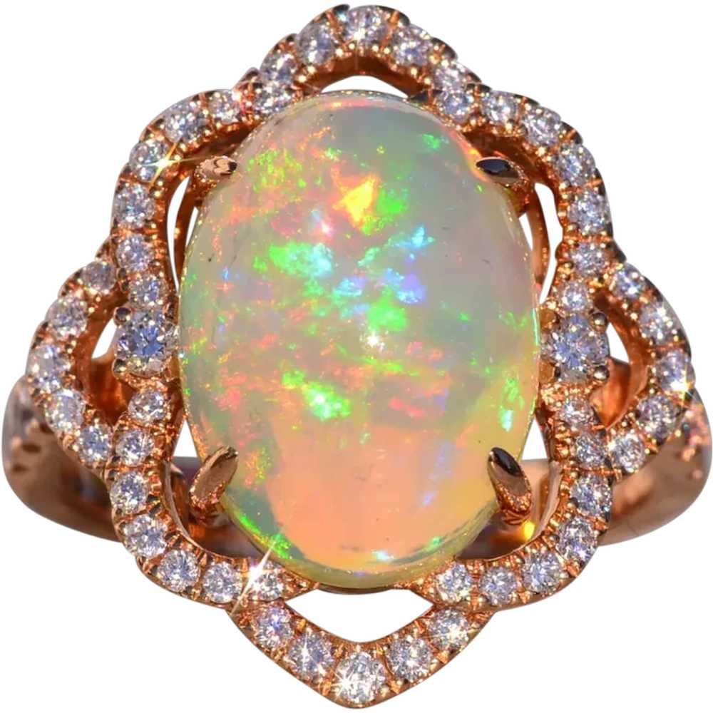 Cabochon Natural Opal and Diamond Ring in Rose Go… - image 1