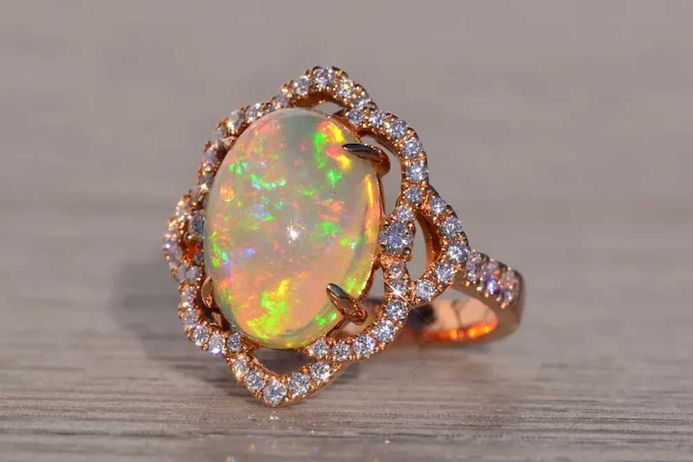 Cabochon Natural Opal and Diamond Ring in Rose Go… - image 2