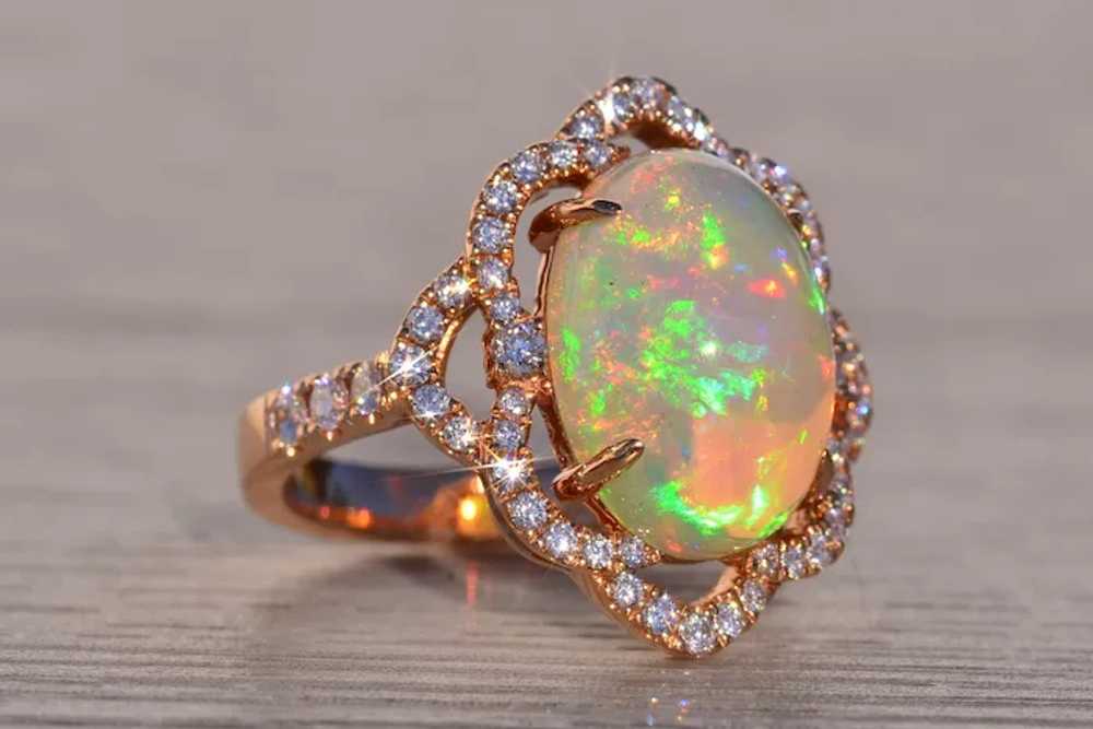 Cabochon Natural Opal and Diamond Ring in Rose Go… - image 5